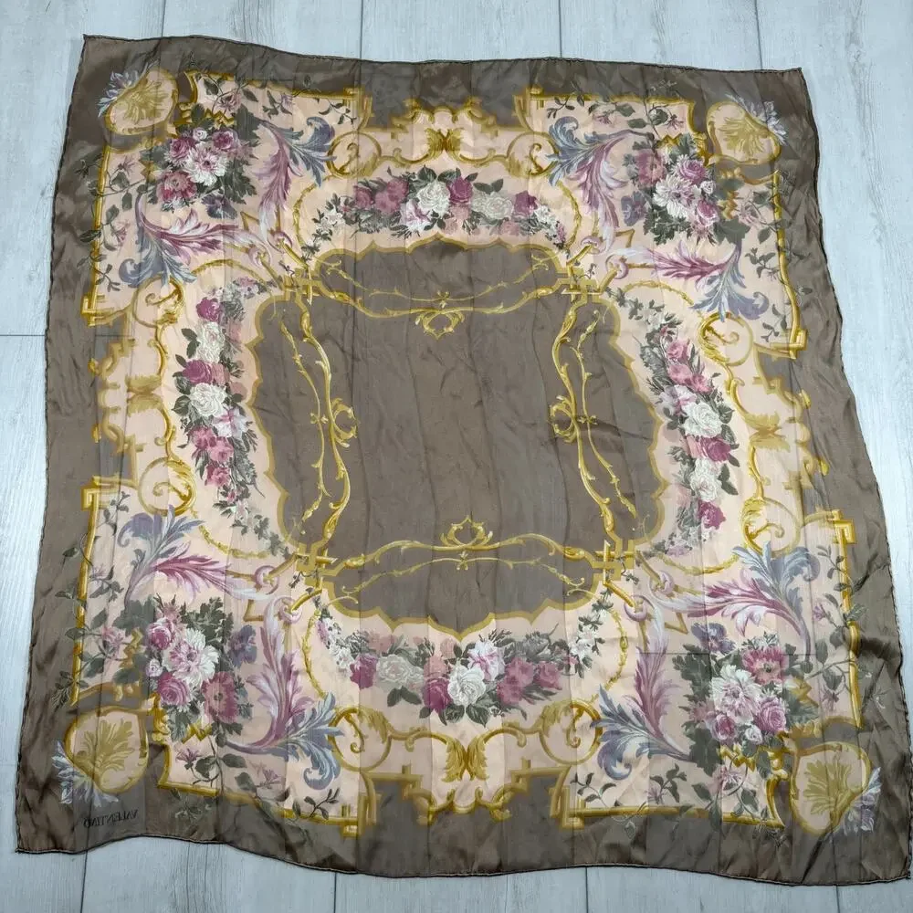 VALENTINO Brown Golden Striped Silk w/ logo Floral Print Vintage Scarf 33x34